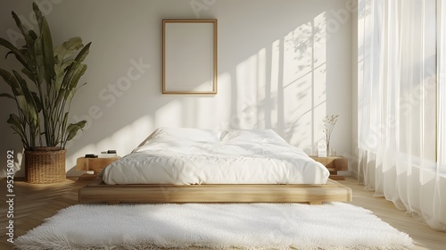 Minimalist bedroom, Scandinavian design, light wooden bed frame, crisp white bedding, fluffy white area rug, white wooden flooring, sheer white curtains, natural sunlight.