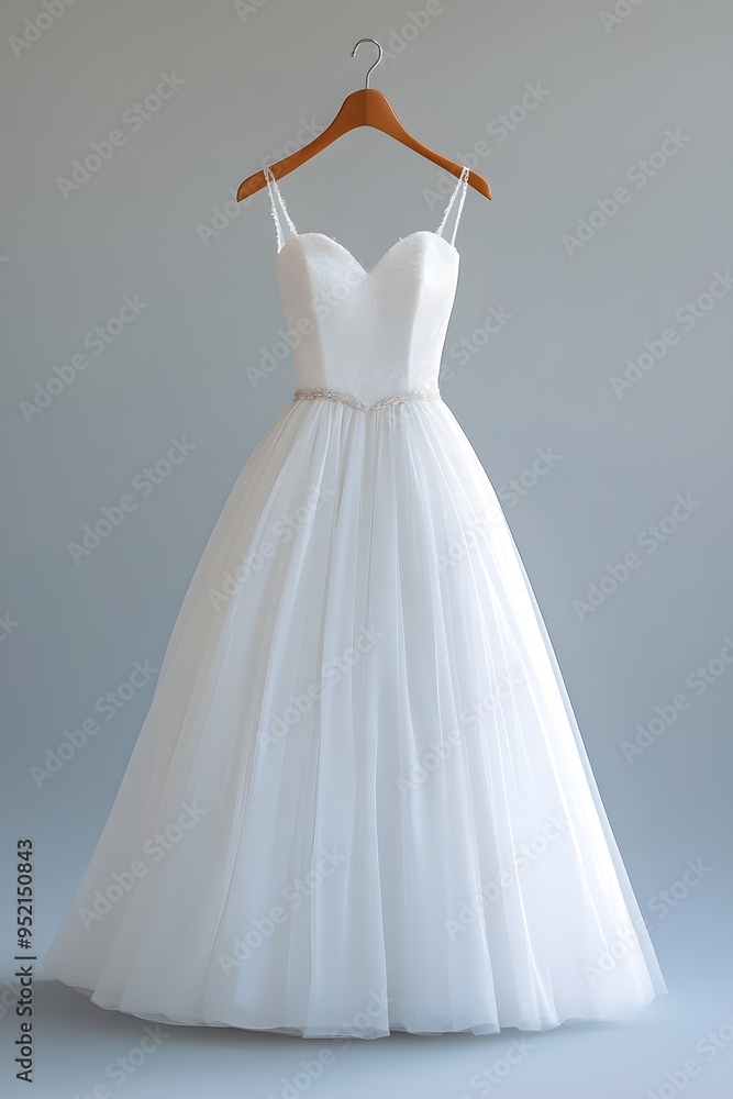 Fototapeta premium White wedding dress isolated on light grey background
