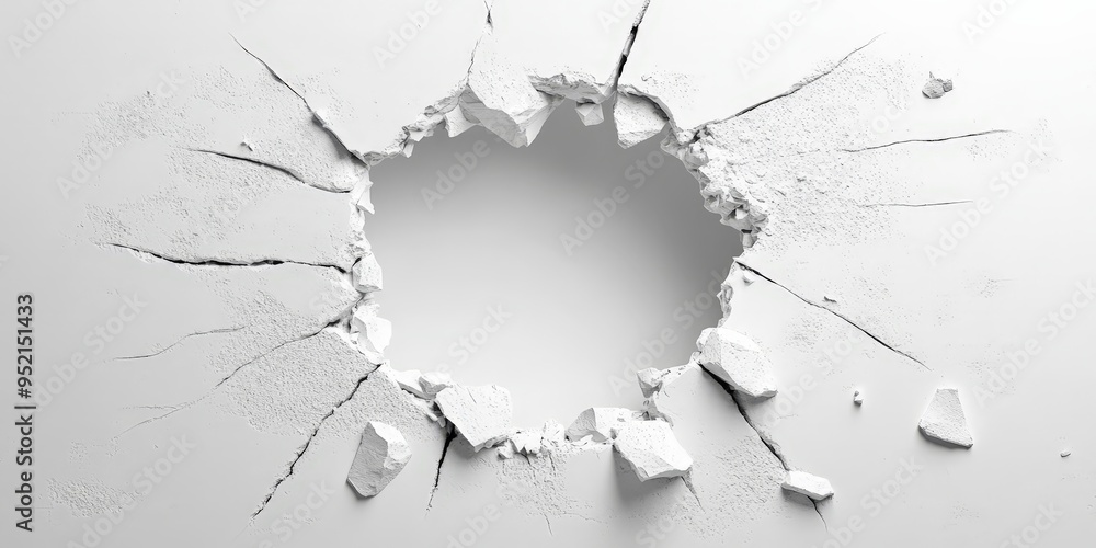 Clean Breakthrough of White Wall with Rubble and Fractured Edges Clean Breakthrough of White Wall with Rubble and Fractured Edges