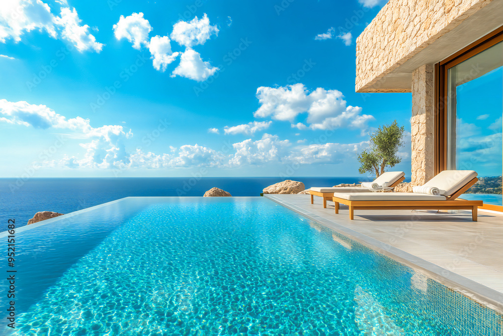 Fototapeta premium Exotic resort vacation in a villa with sun loungers and pool and sea view