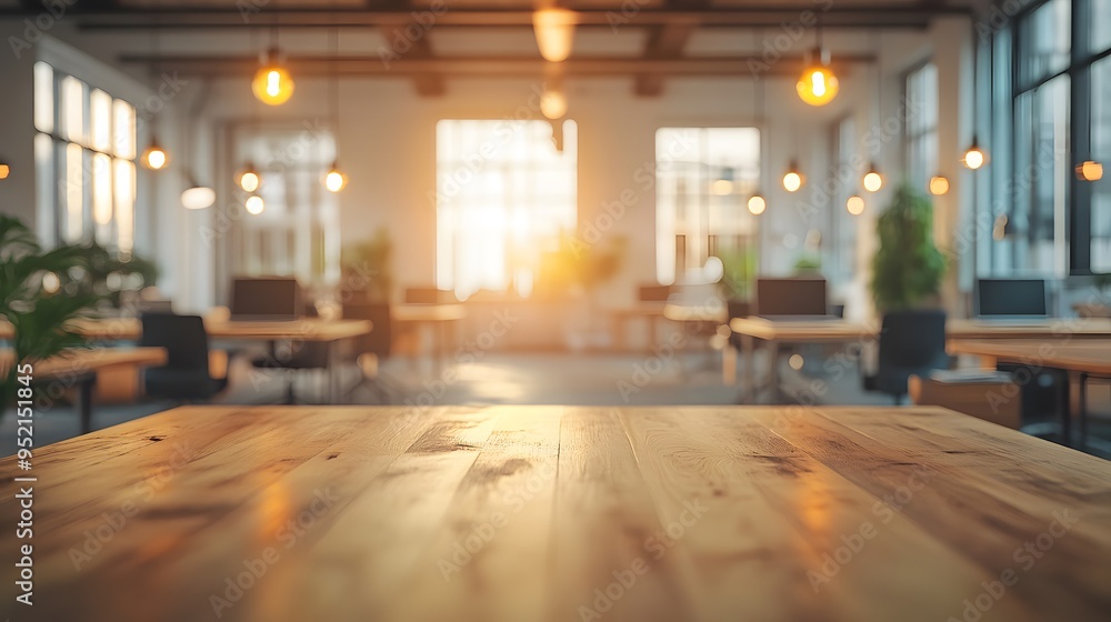 Modern open office space, blurred background, bright interior, wooden desks, ergonomic chairs, large windows, natural light, pendant lights, bokeh effect, coworking environment. Modern open office space, blurred background, bright interior, wooden desks, ergonomic chairs, large windows, natural light, pendant lights, bokeh effect, coworking environment.