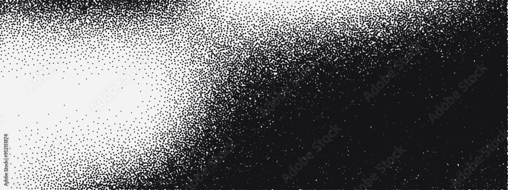 Obraz premium Noise gradient vector texture. Random gritty background. Monochrome halftone pattern. Distressed black and white elements. Vintage grunge backdrop.