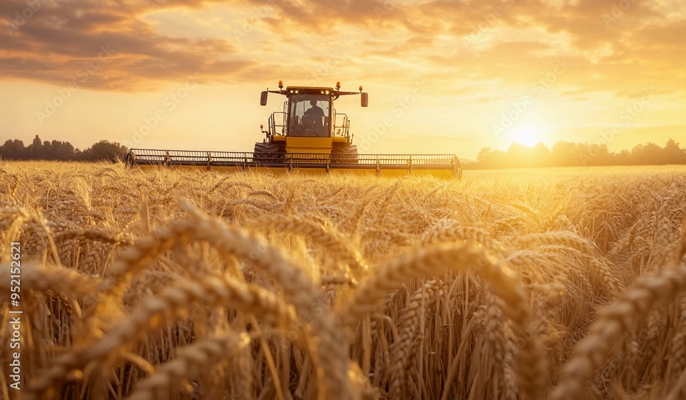 Fototapeta premium harvest wheat. combine harvester sunset working on ripe wheat field, moisson , rich harvest Concept, wheat field, wheat crop, Agriculture