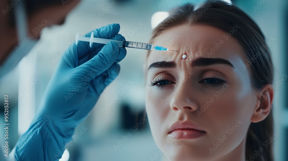 Close up of a dermatologist s hand precisely administering a Botox injection into a patient s forehead Close up of a dermatologist s hand precisely administering a Botox injection into a patient s forehead