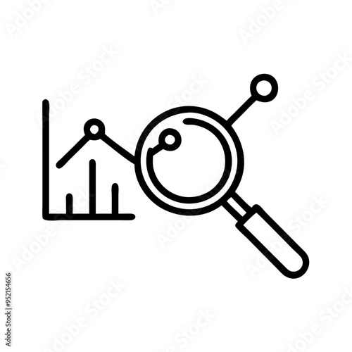 Data analysis icon with magnifying glass and chart in black and white line art