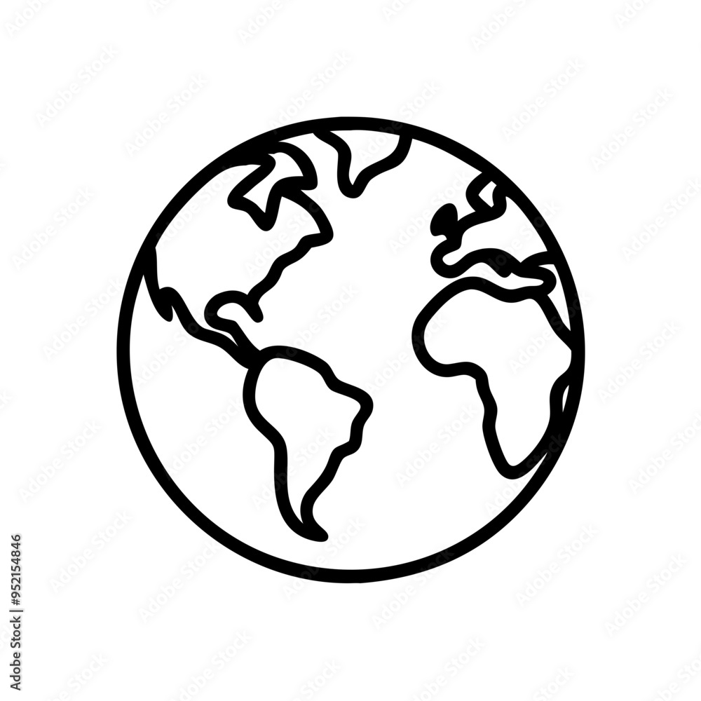 Globe icon in black and white line art Globe icon in black and white line art