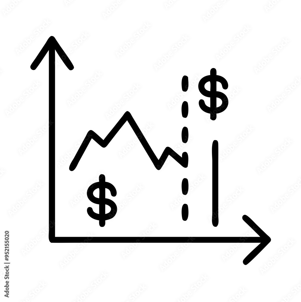 Financial chart with dollar symbols and upward arrow icon in black and white line art Financial chart with dollar symbols and upward arrow icon in black and white line art