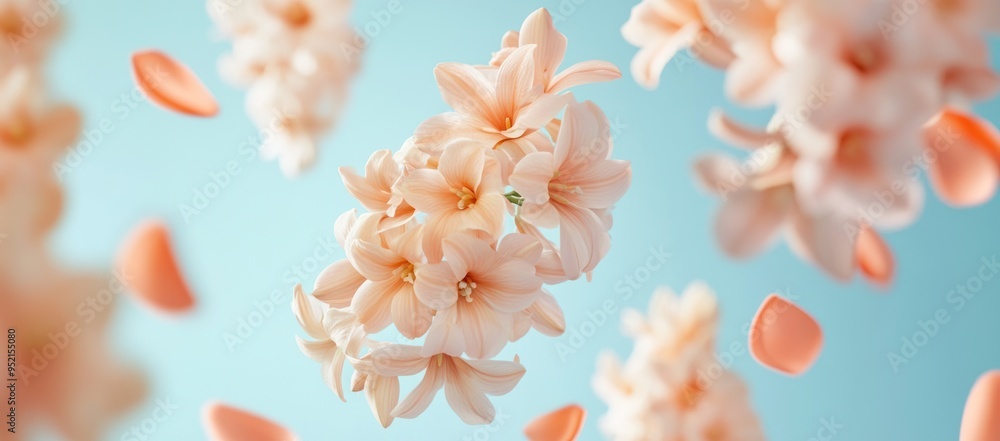 3D render of flying hyacinth flowers in pastel peach and coral colors on a blue background 3D render of flying hyacinth flowers in pastel peach and coral colors on a blue background