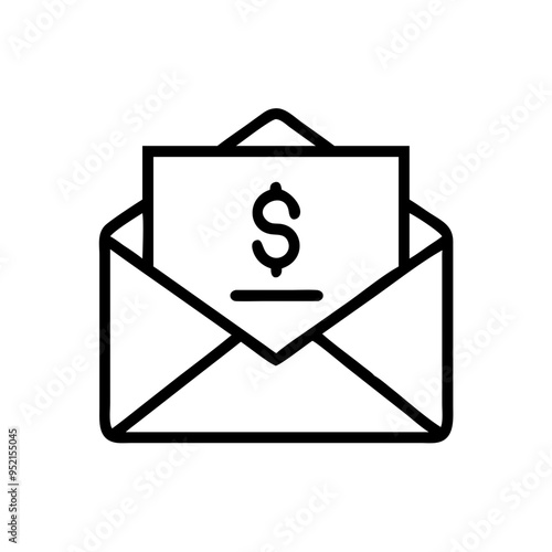 Money in an envelope outline icon in black and white line art