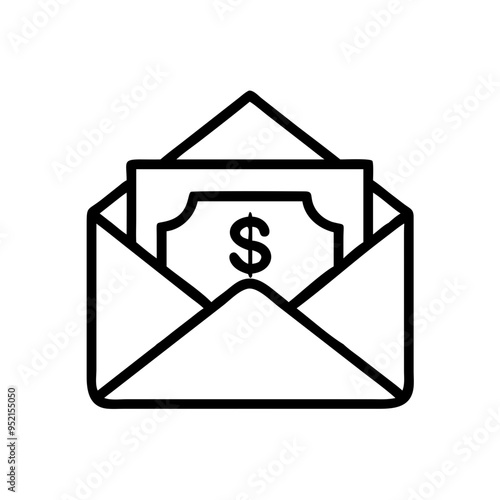 Money in envelope icon in black and white line art