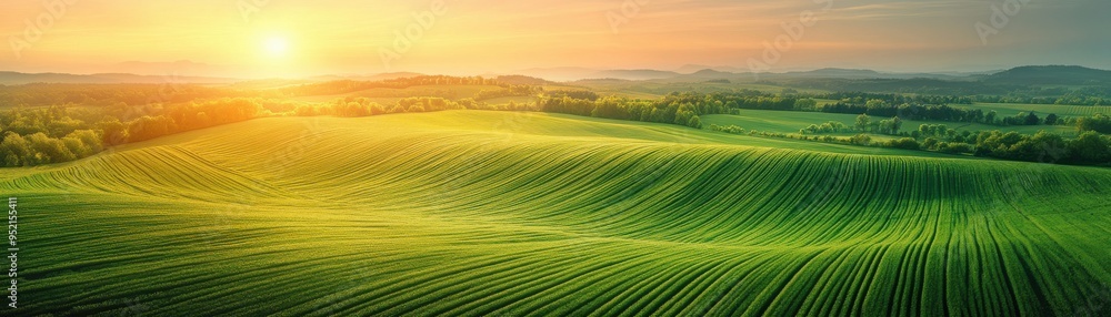 Obraz premium Scenic view of lush green fields at sunrise, with rolling hills and vibrant colors, capturing the beauty of nature and agricultural landscape.