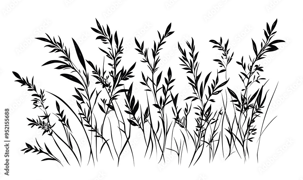 Obraz premium Silhouette of a grass blade vector. Isolated drawing of herbs on a white background