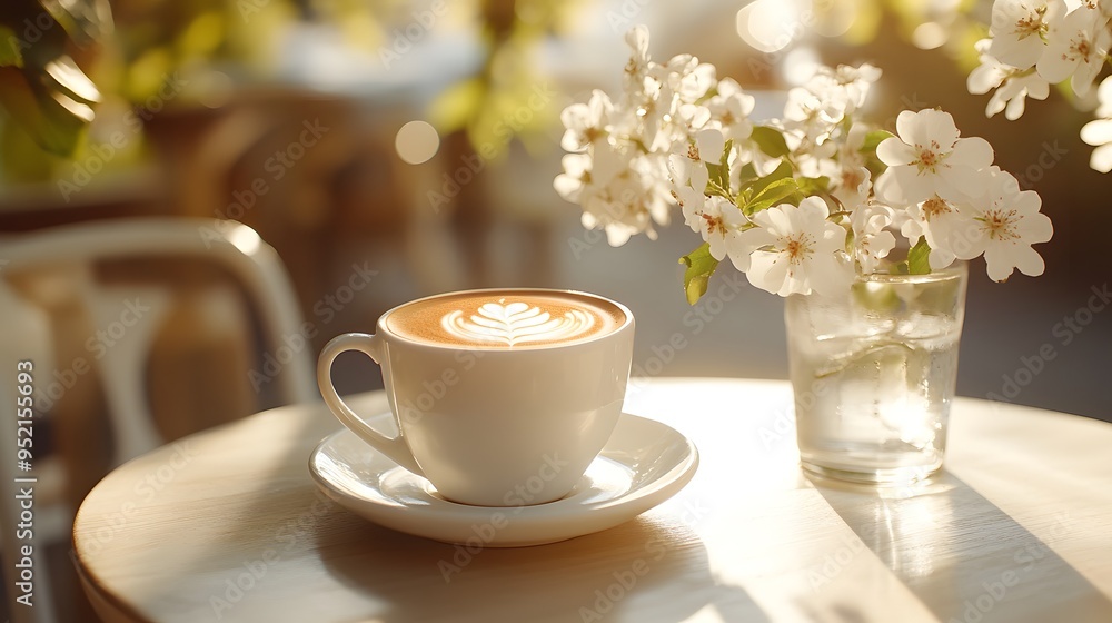 Sunlit cafe table, latte art in white ceramic cup, golden hour warmth, dappled light through leaves, delicate white flowers, glass of water, cozy outdoor setting, soft focus background. Sunlit cafe table, latte art in white ceramic cup, golden hour warmth, dappled light through leaves, delicate white flowers, glass of water, cozy outdoor setting, soft focus background.