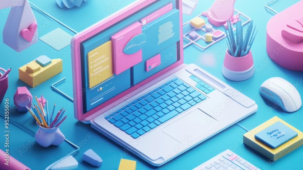 Business isometric workplace concept of workplace with computer Desk and office equipment.Workplace Isometric Vector Illustration 3d rendering Business isometric workplace concept of workplace with computer Desk and office equipment.Workplace Isometric Vector Illustration 3d rendering