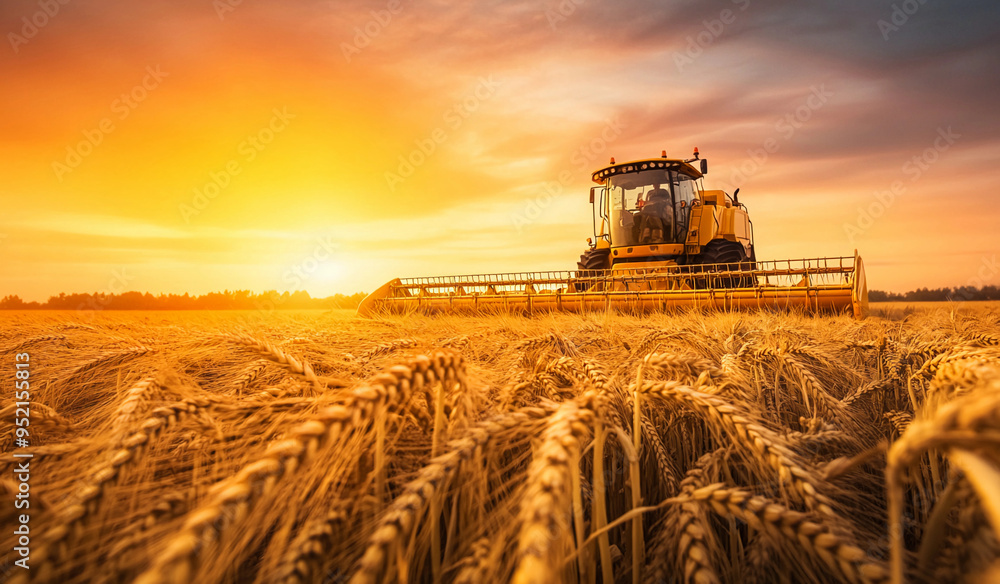 Fototapeta premium harvest wheat. combine harvester sunset working on ripe wheat field, moisson , rich harvest Concept, wheat field, wheat crop, Agriculture