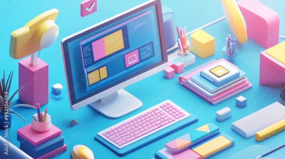 Business isometric workplace concept of workplace with computer Desk and office equipment.Workplace Isometric Vector Illustration 3d rendering Business isometric workplace concept of workplace with computer Desk and office equipment.Workplace Isometric Vector Illustration 3d rendering