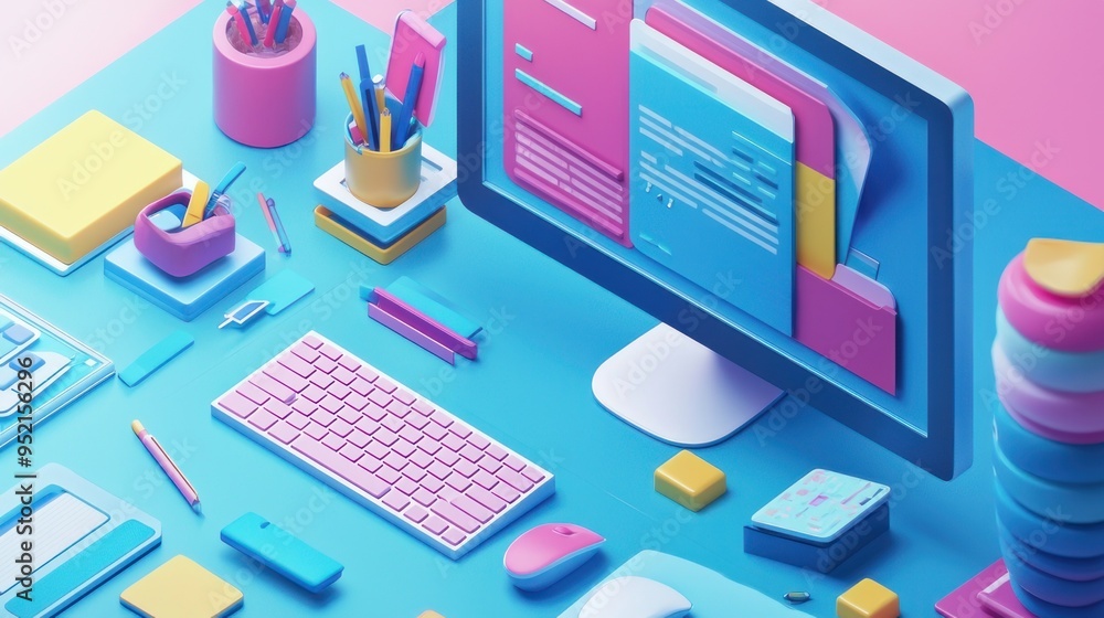 Business isometric workplace concept of workplace with computer Desk and office equipment.Workplace Isometric Vector Illustration 3d rendering Business isometric workplace concept of workplace with computer Desk and office equipment.Workplace Isometric Vector Illustration 3d rendering