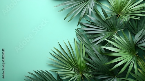 Tropical palm leaves, fan palm fronds, vibrant green foliage, pale mint green background, minimalist botanical composition, organic shapes, natural textures.