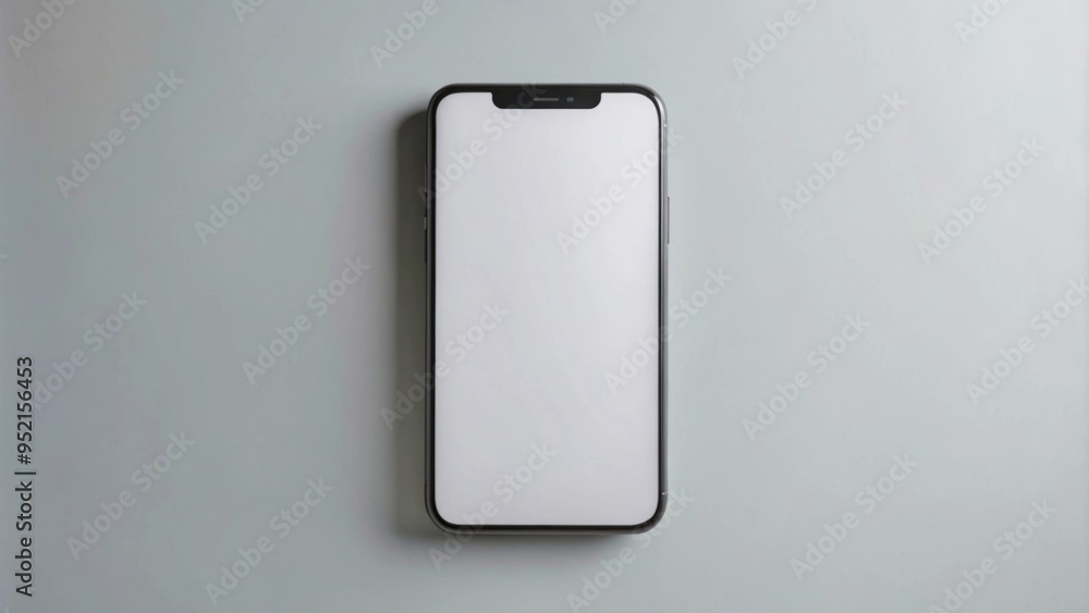 A sleek smartphone with a black frame and a blank white screen lies flat on a minimalist, light grey surface. A sleek smartphone with a black frame and a blank white screen lies flat on a minimalist, light grey surface.