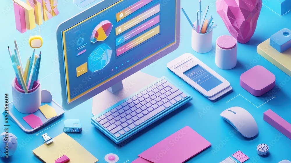 Business isometric workplace concept of workplace with computer Desk and office equipment.Workplace Isometric Vector Illustration 3d rendering Business isometric workplace concept of workplace with computer Desk and office equipment.Workplace Isometric Vector Illustration 3d rendering