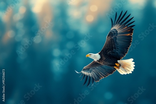 A majestic eagle soaring through a blurred forest backdrop, symbolizing freedom and power in nature.