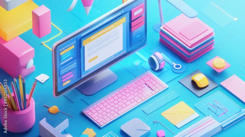 Business isometric workplace concept of workplace with computer Desk and office equipment.Workplace Isometric Vector Illustration 3d rendering Business isometric workplace concept of workplace with computer Desk and office equipment.Workplace Isometric Vector Illustration 3d rendering