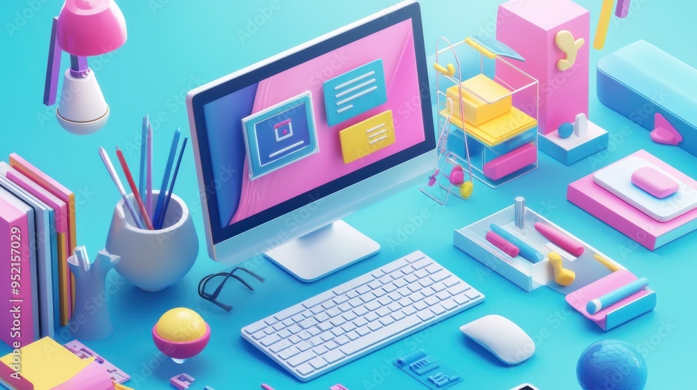 Business isometric workplace  concept of workplace with computer Desk and office equipment.Workplace Isometric Vector Illustration 3d rendering