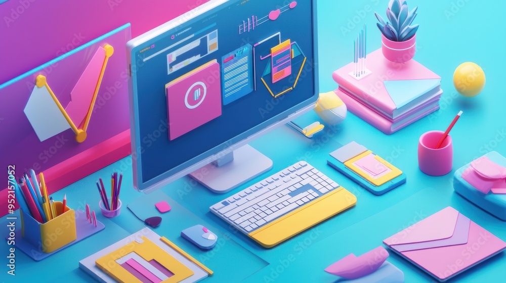 Business isometric workplace concept of workplace with computer Desk and office equipment.Workplace Isometric Vector Illustration 3d rendering Business isometric workplace concept of workplace with computer Desk and office equipment.Workplace Isometric Vector Illustration 3d rendering