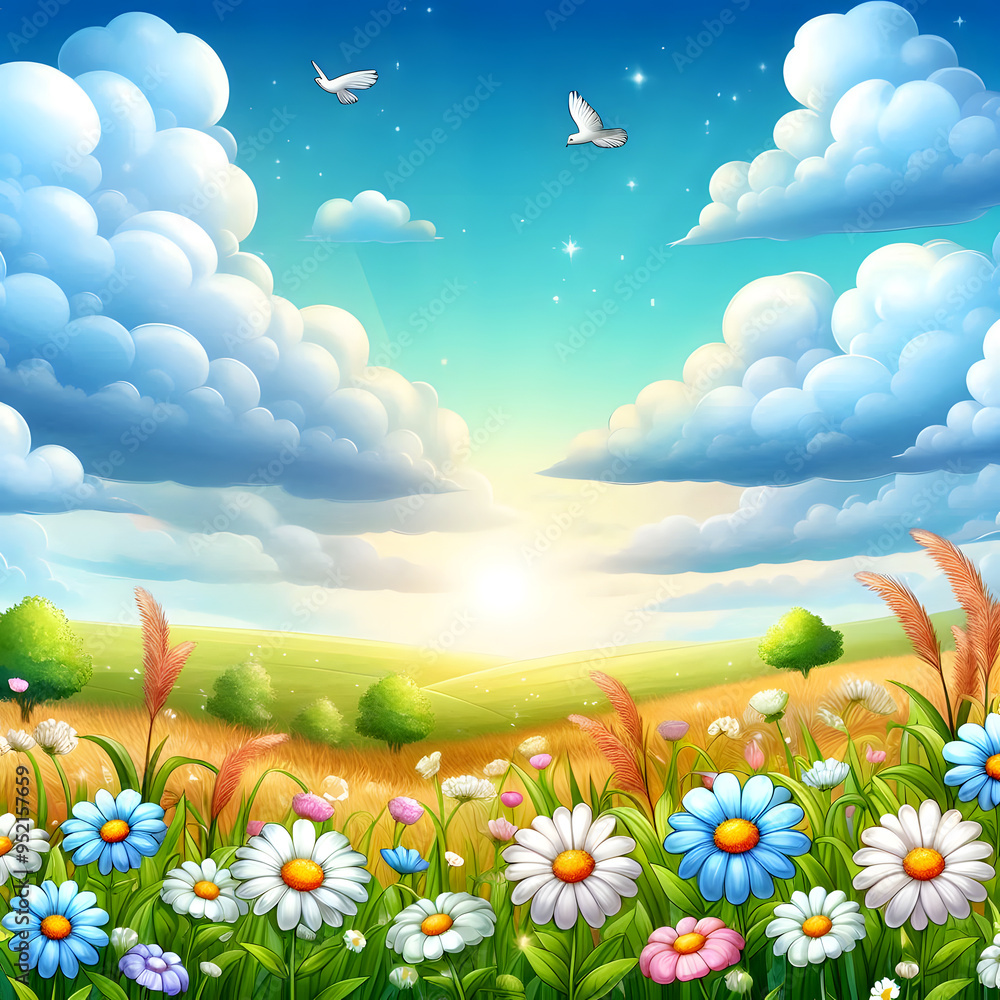Fototapeta premium cartoon world with clouds and flower fields.