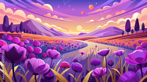 Panorama landscape of poppy purple field with sun