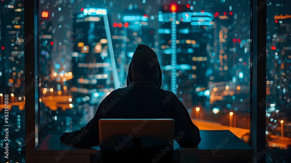 Hacker Silhouetted by High Rise City Lights Coding Late into the Night on a Laptop Hacker Silhouetted by High Rise City Lights Coding Late into the Night on a Laptop