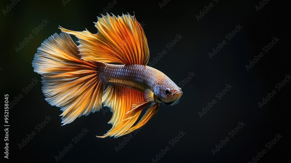 A beautiful half-moon Siamese Betta fish in shades of yellow and red, captured mid-motion, its fins flowing elegantly A beautiful half-moon Siamese Betta fish in shades of yellow and red, captured mid-motion, its fins flowing elegantly