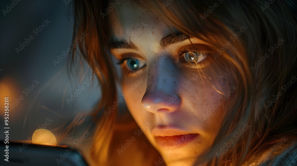 Captivating Woman s Face Glowing from Smartphone Screen Engrossed in Digital Content with Fascination and Emotion Captivating Woman s Face Glowing from Smartphone Screen Engrossed in Digital Content with Fascination and Emotion