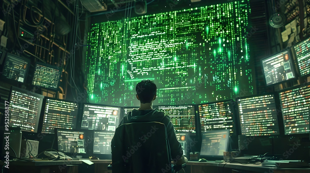 Hacker Surrounded by Multiple Screens with Cascading Green Code in Dimly Lit Room Hacker Surrounded by Multiple Screens with Cascading Green Code in Dimly Lit Room
