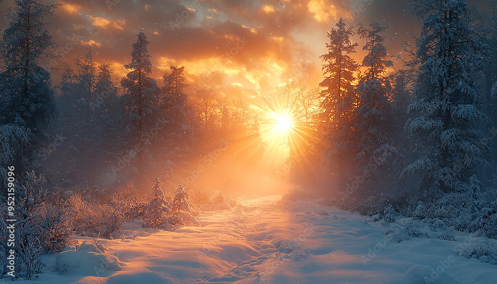 Sunset over snowy forest, winter landscape beauty dawn generated by AI Sunset over snowy forest, winter landscape beauty dawn generated by AI