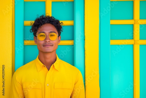 Young man in yellow shirt poses against vibrant turquoise wall, copy space for text photo