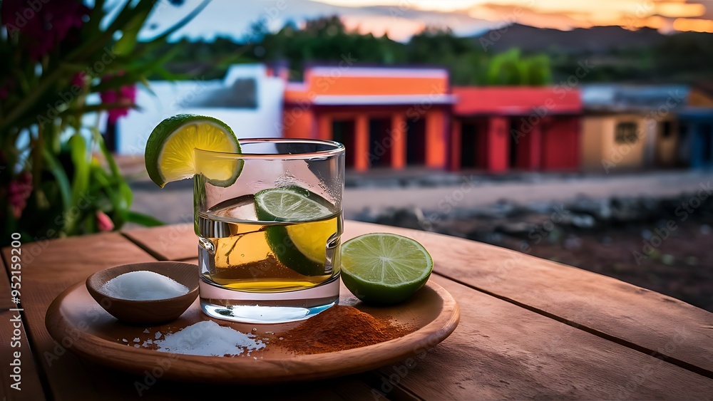 Glass of tequila with ingredients around, mexican drink preparation Glass of tequila with ingredients around, mexican drink preparation