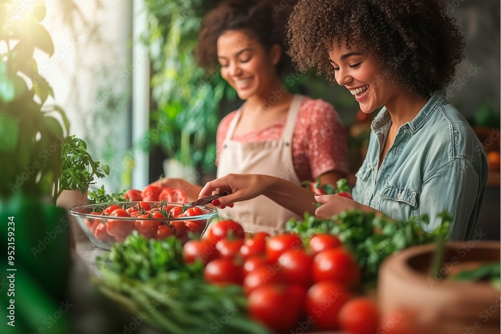 Two women preparing fresh vegetables in a bright kitchen at home, copy space for text Two women preparing fresh vegetables in a bright kitchen at home, copy space for text