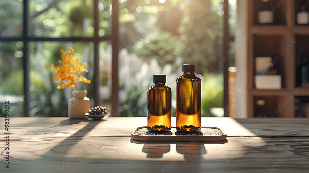 Two amber glass bottles sit on a wooden tray with a window and natural light in the background. Two amber glass bottles sit on a wooden tray with a window and natural light in the background.