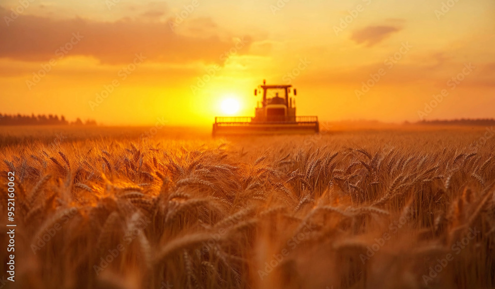 Fototapeta premium harvest wheat. combine harvester sunset working on ripe wheat field, moisson , rich harvest Concept, wheat field, wheat crop, Agriculture