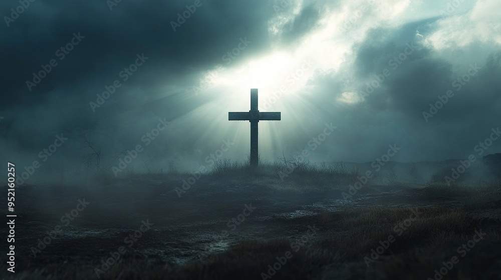 Dramatic image showing a religious church cross framed against a moody sky that is beginning to open and pierce light through behind the cross, showing the Lord's presence. generative ai Dramatic image showing a religious church cross framed against a moody sky that is beginning to open and pierce light through behind the cross, showing the Lord's presence. generative ai