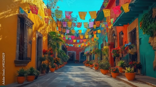 A vibrant alleyway in San Miguel, Mexico, featuring colorful flags and lush plants that create a lively urban atmosphere. This scene captures the essence of traditional Mexican architecture, with buil photo