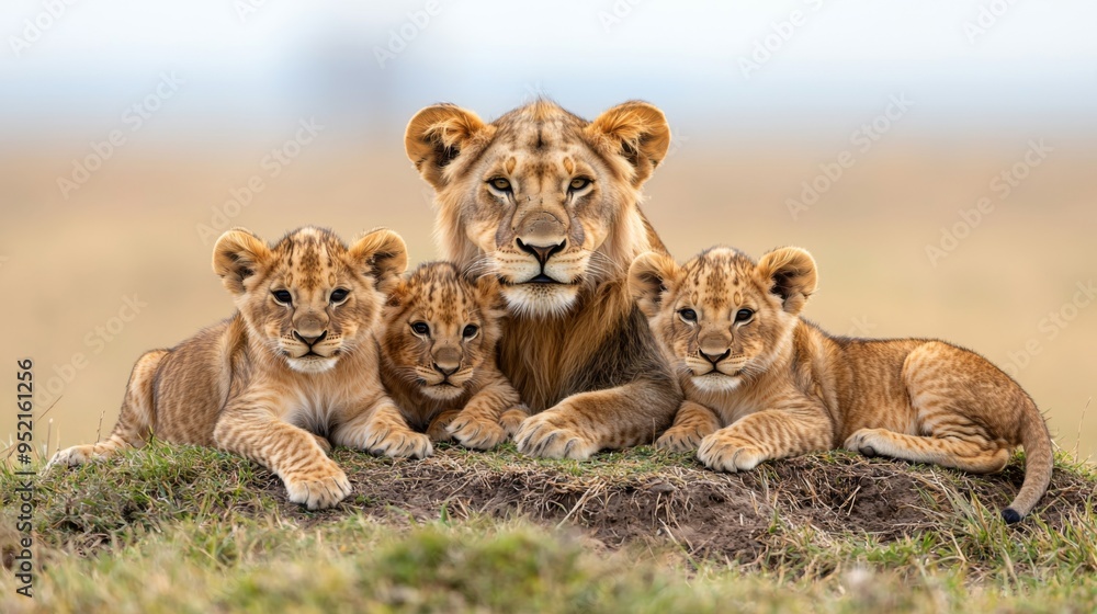 A majestic lioness cuddles her three playful cubs on the savanna, showcasing the beauty of family and wildlife. A majestic lioness cuddles her three playful cubs on the savanna, showcasing the beauty of family and wildlife.