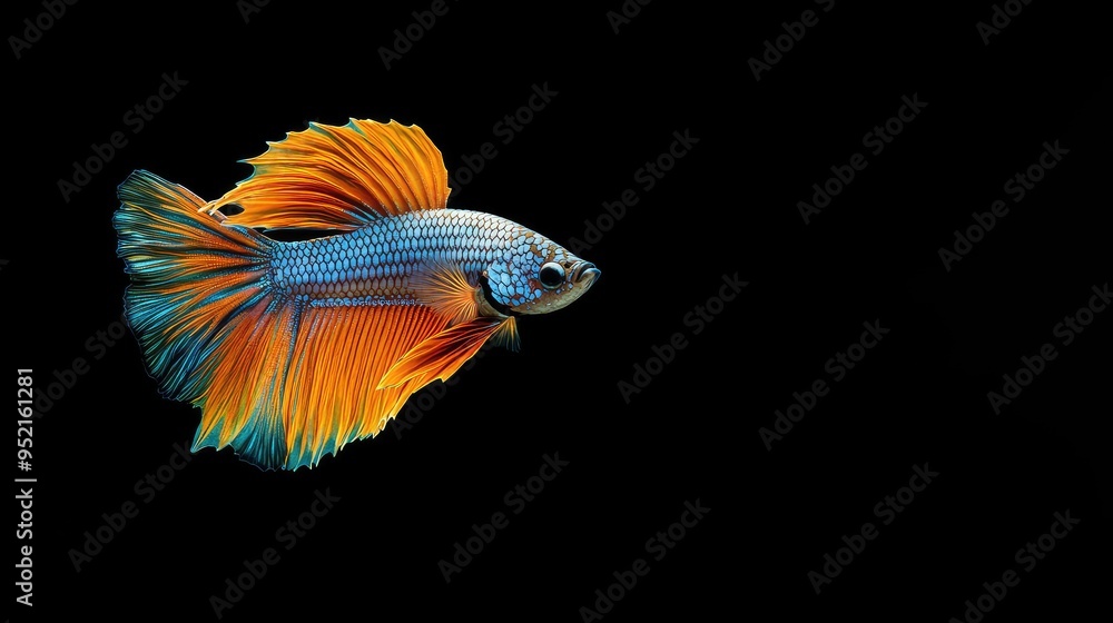 A close-up of a Betta fish, Betta Splendens, in striking colors, isolated on a black background, highlighting the beauty A close-up of a Betta fish, Betta Splendens, in striking colors, isolated on a black background, highlighting the beauty