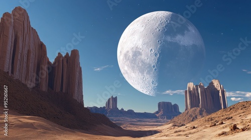 The iconic landscape of Monument Valley, Arizona, with its towering sandstone buttes against a the moon photo