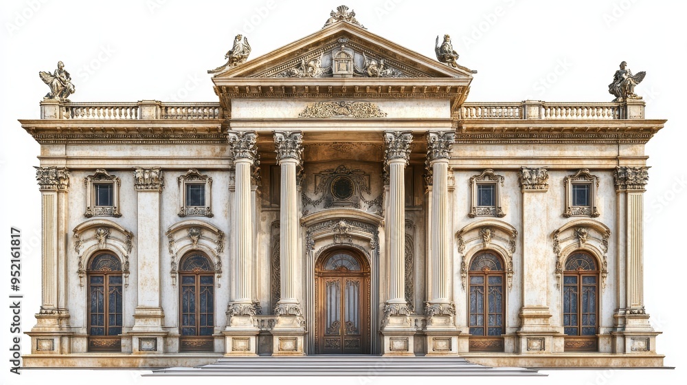 Naklejka premium A grand, ornate building facade with classical architectural features.