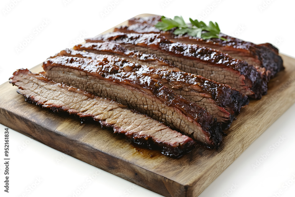 Sliced meat barbecue beef brisket on a wooden board, isolated on white background
Sliced meat barbecue beef brisket on a wooden board, isolated on white background