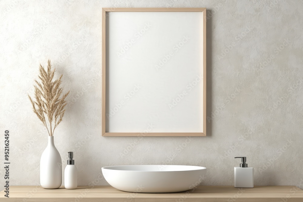 Fototapeta premium Minimalist Frame Mockup in Modern Bathroom with White Frame on Textured Wall Above Vanity