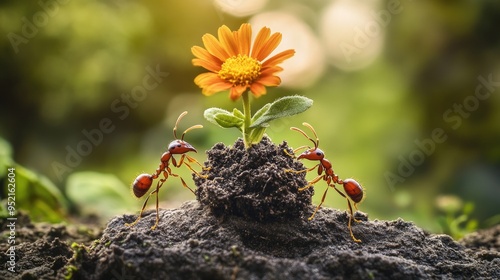 Close-up of ants carrying a soil clump with a flower, highlighting their cooperation and the beauty of nature's small wonders. photo