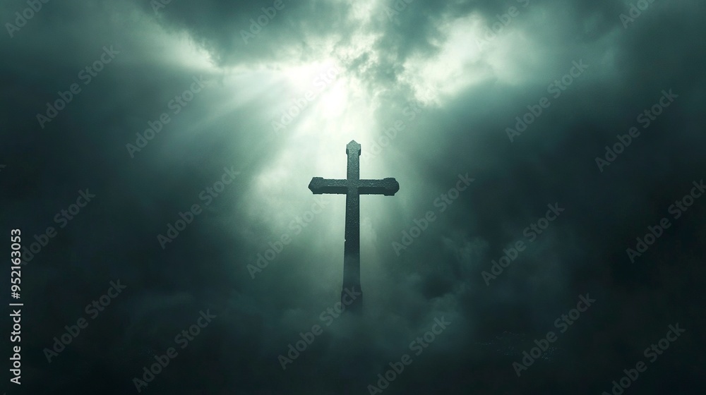 Dramatic image showing a religious church cross framed against a moody sky that is beginning to open and pierce light through behind the cross, showing the Lord's presence. generative ai Dramatic image showing a religious church cross framed against a moody sky that is beginning to open and pierce light through behind the cross, showing the Lord's presence. generative ai